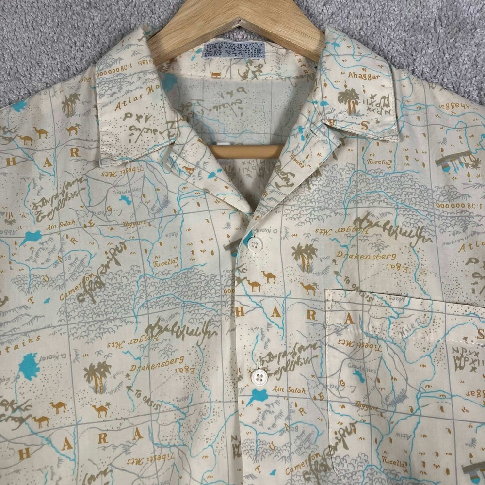 Vintage 80s Sahara Desert Novelty‎ Print Shirt Mens XL Beige Short Sleeve Camp